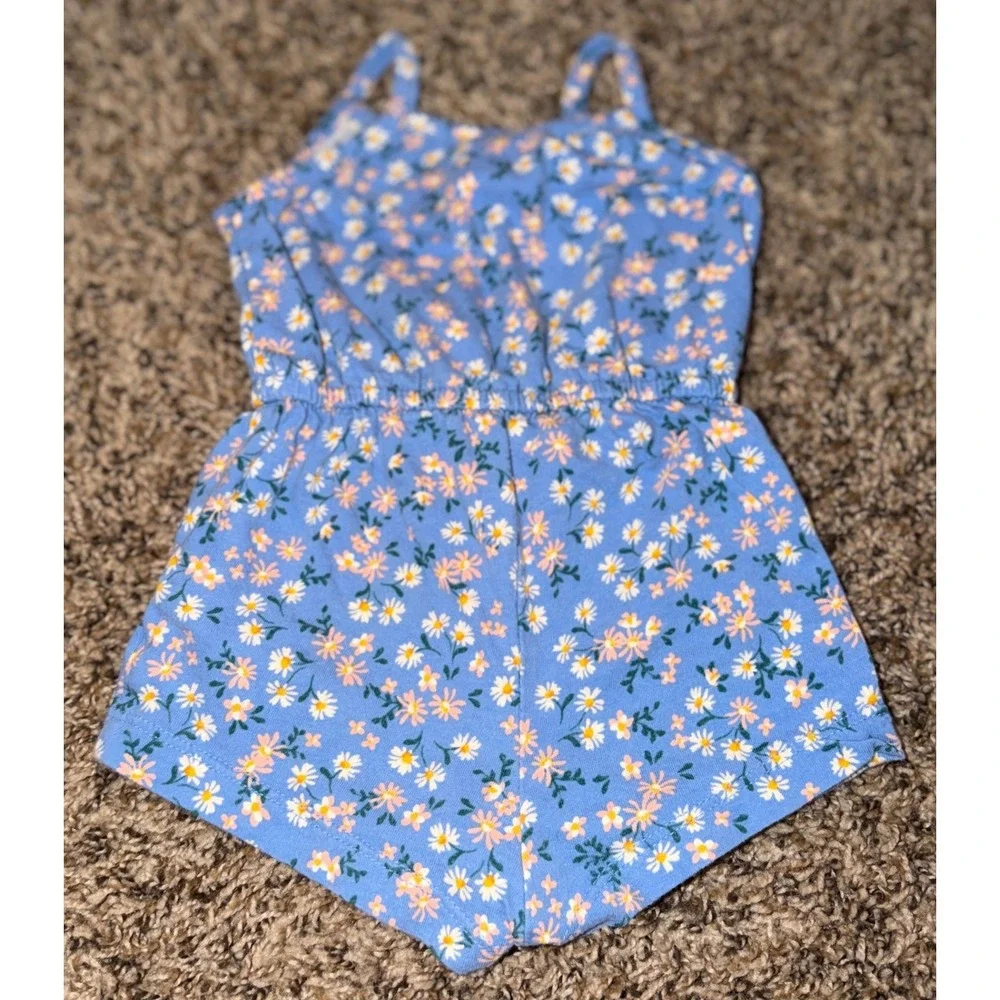Old Navy Blue Sleeveless White & Peach Floral Pattern One-Piece Romper 3-6 Mon